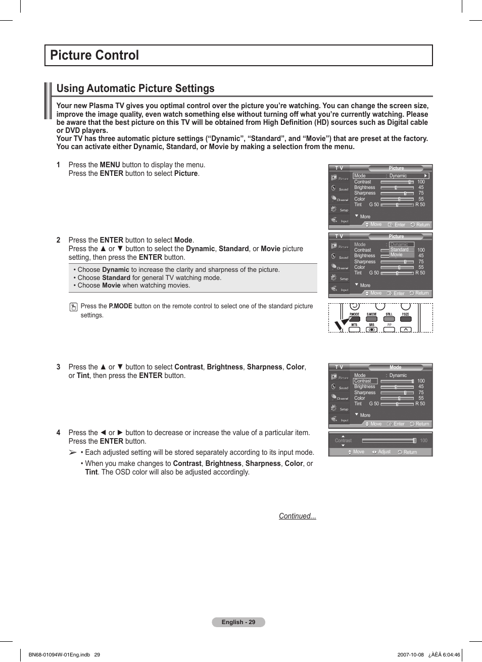 Picture control, Using automatic picture settings | Samsung FPT5894WX-XAA User Manual | Page 29 / 80