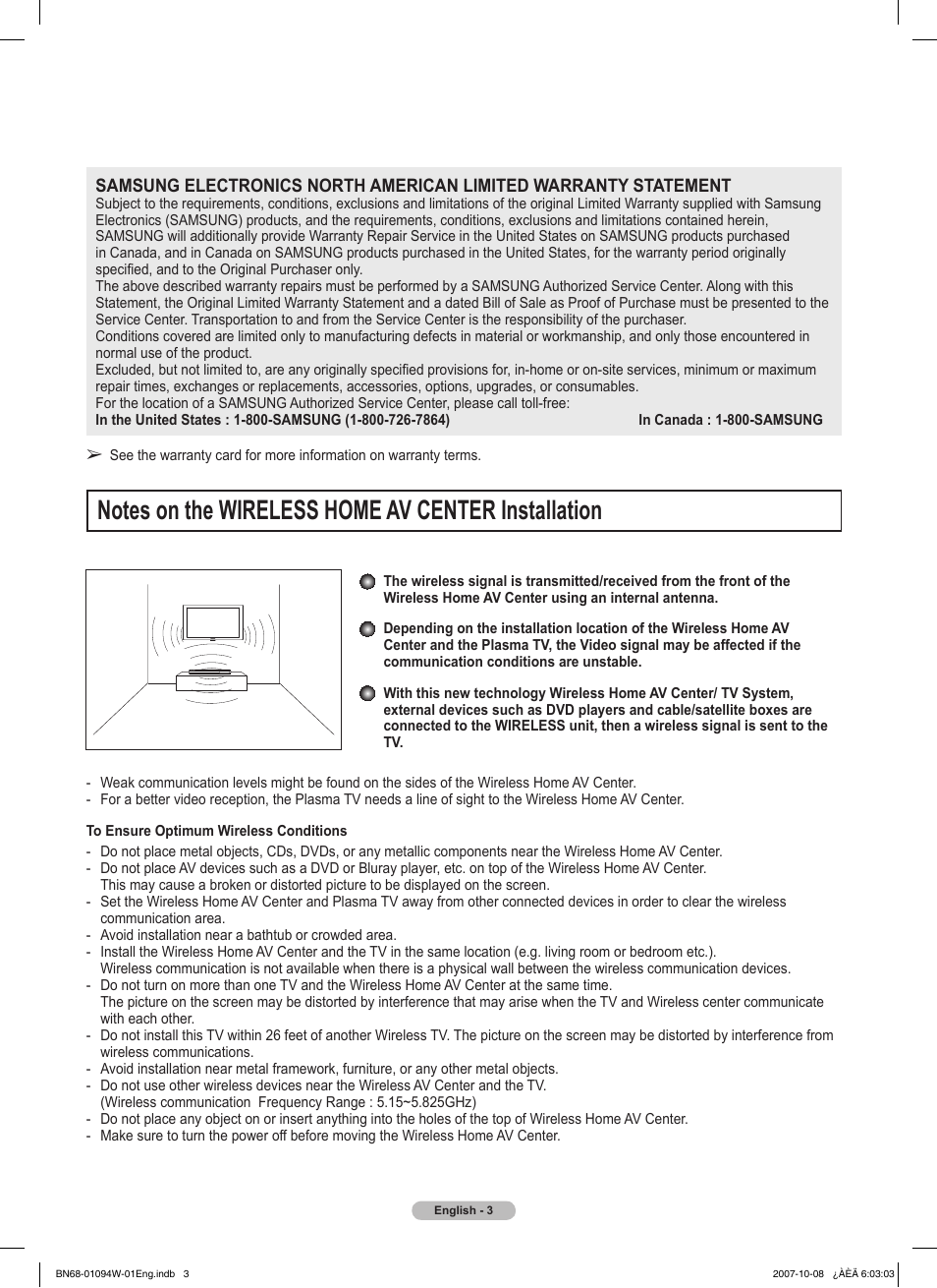 Notes on the wireless home av center installation | Samsung FPT5894WX-XAA User Manual | Page 3 / 80