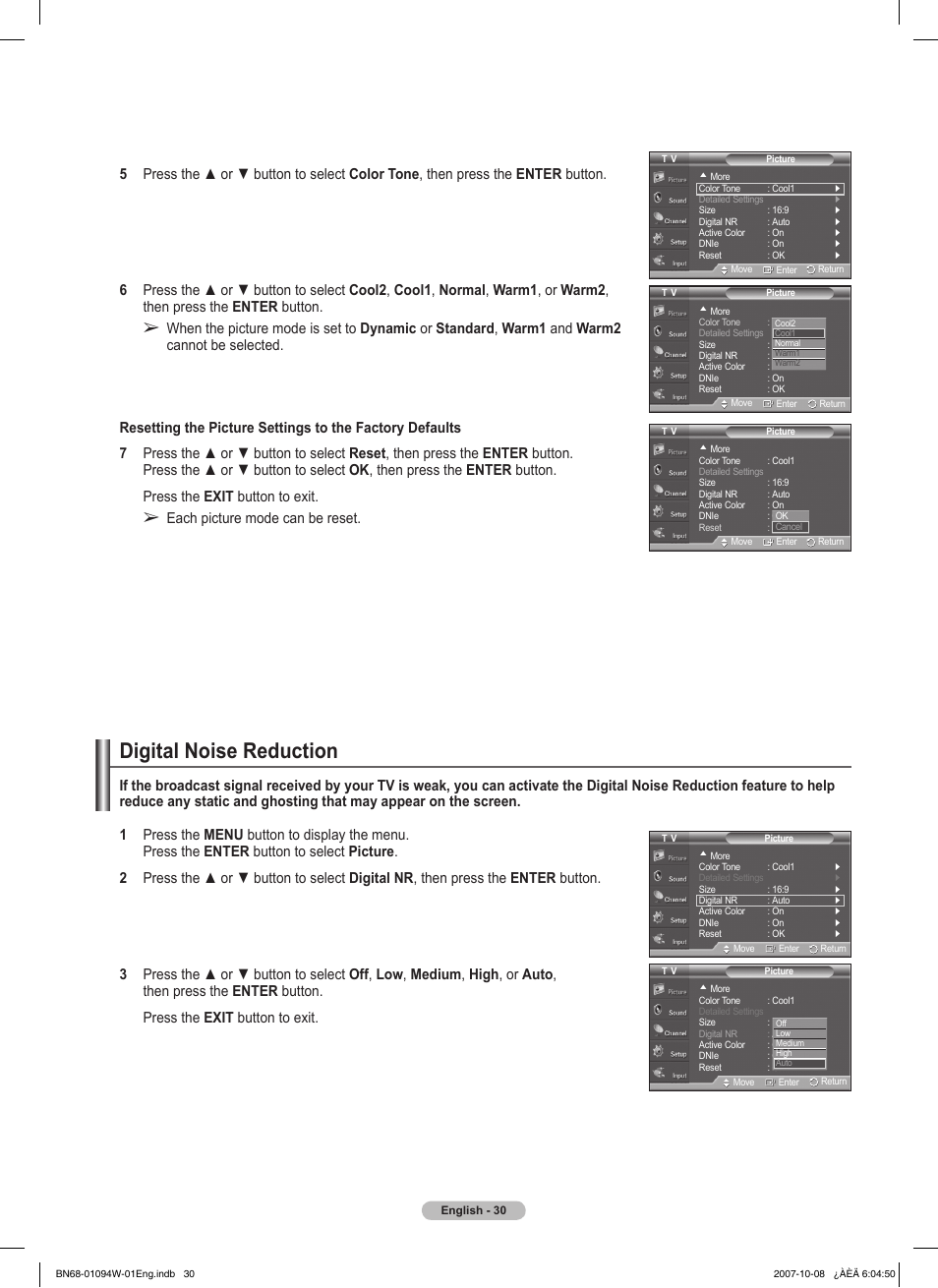 Digital noise reduction, Each picture mode can be reset | Samsung FPT5894WX-XAA User Manual | Page 30 / 80