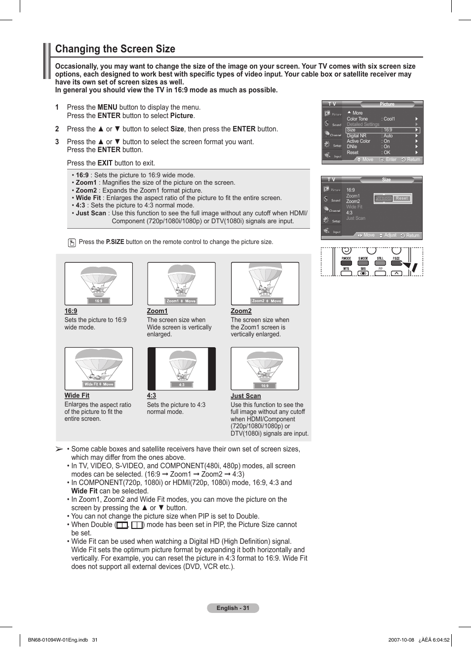 Changing the screen size | Samsung FPT5894WX-XAA User Manual | Page 31 / 80