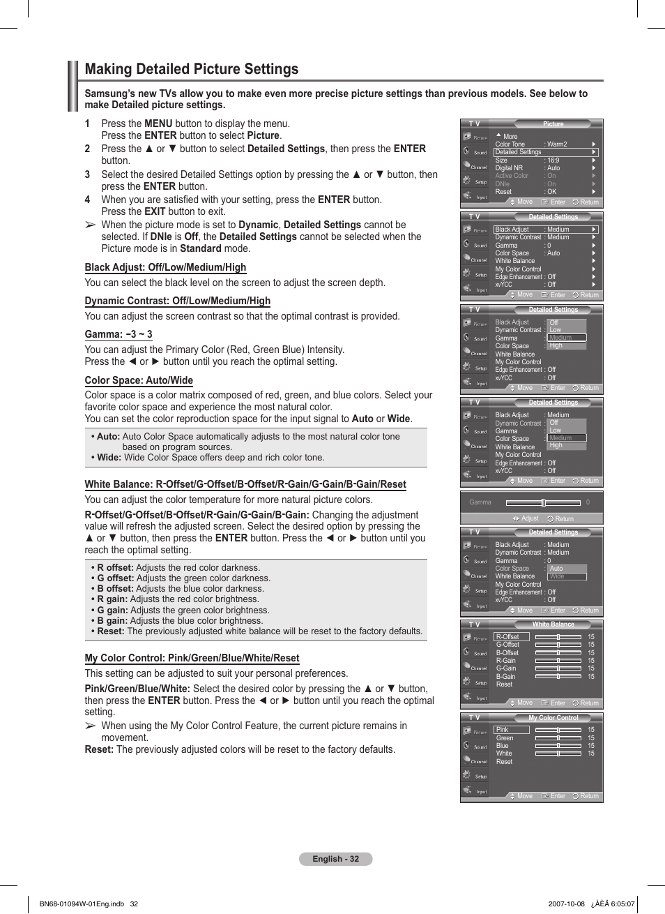 Making detailed picture settings | Samsung FPT5894WX-XAA User Manual | Page 32 / 80