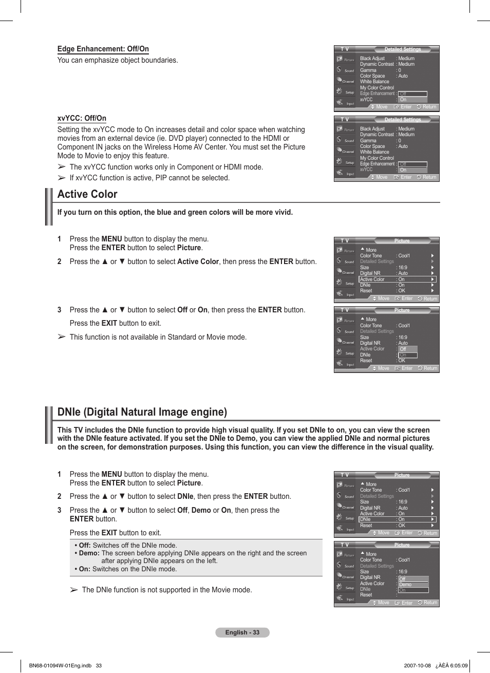 Active color, Dnie (digital natural image engine) | Samsung FPT5894WX-XAA User Manual | Page 33 / 80