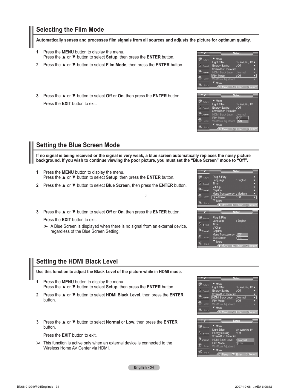 Selecting the film mode, Setting the blue screen mode, Setting the hdmi black level | Samsung FPT5894WX-XAA User Manual | Page 34 / 80