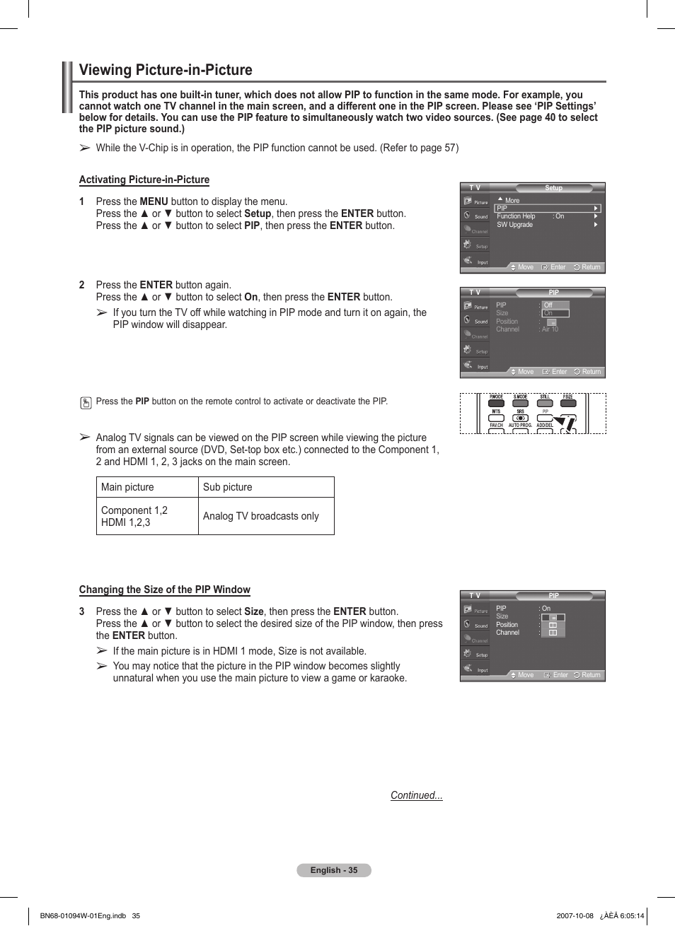 Viewing picture-in-picture | Samsung FPT5894WX-XAA User Manual | Page 35 / 80