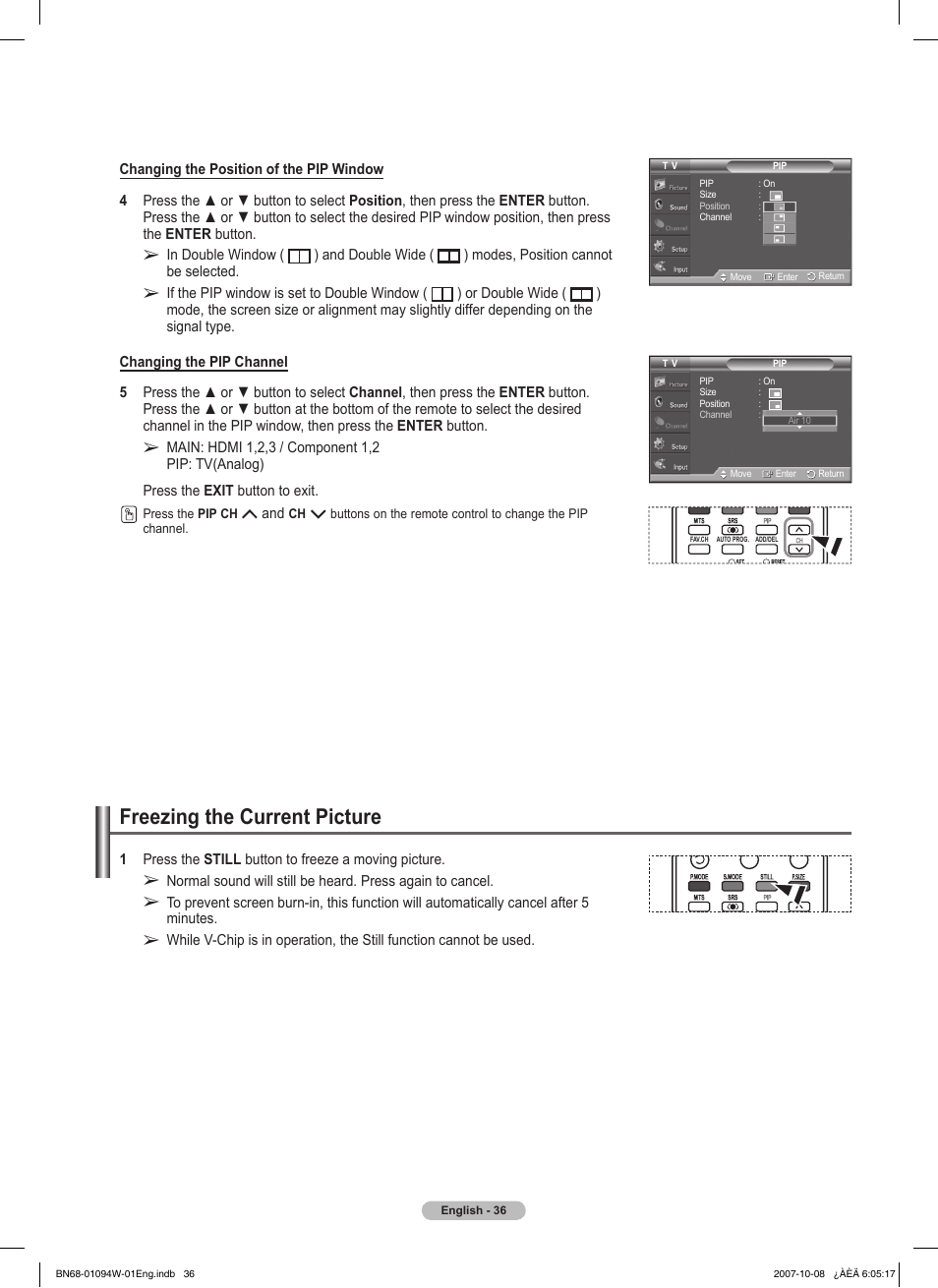 Freezing the current picture | Samsung FPT5894WX-XAA User Manual | Page 36 / 80