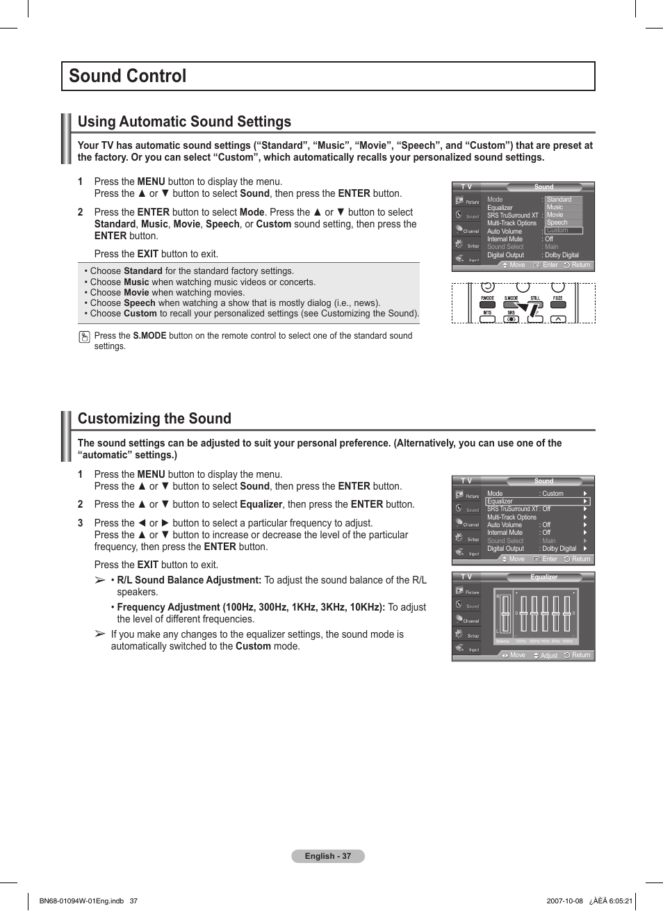 Sound control, Using automatic sound settings, Customizing the sound | Samsung FPT5894WX-XAA User Manual | Page 37 / 80