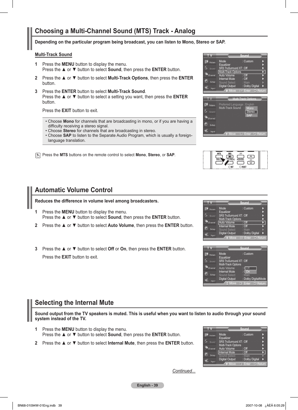 Automatic volume control, Selecting the internal mute | Samsung FPT5894WX-XAA User Manual | Page 39 / 80