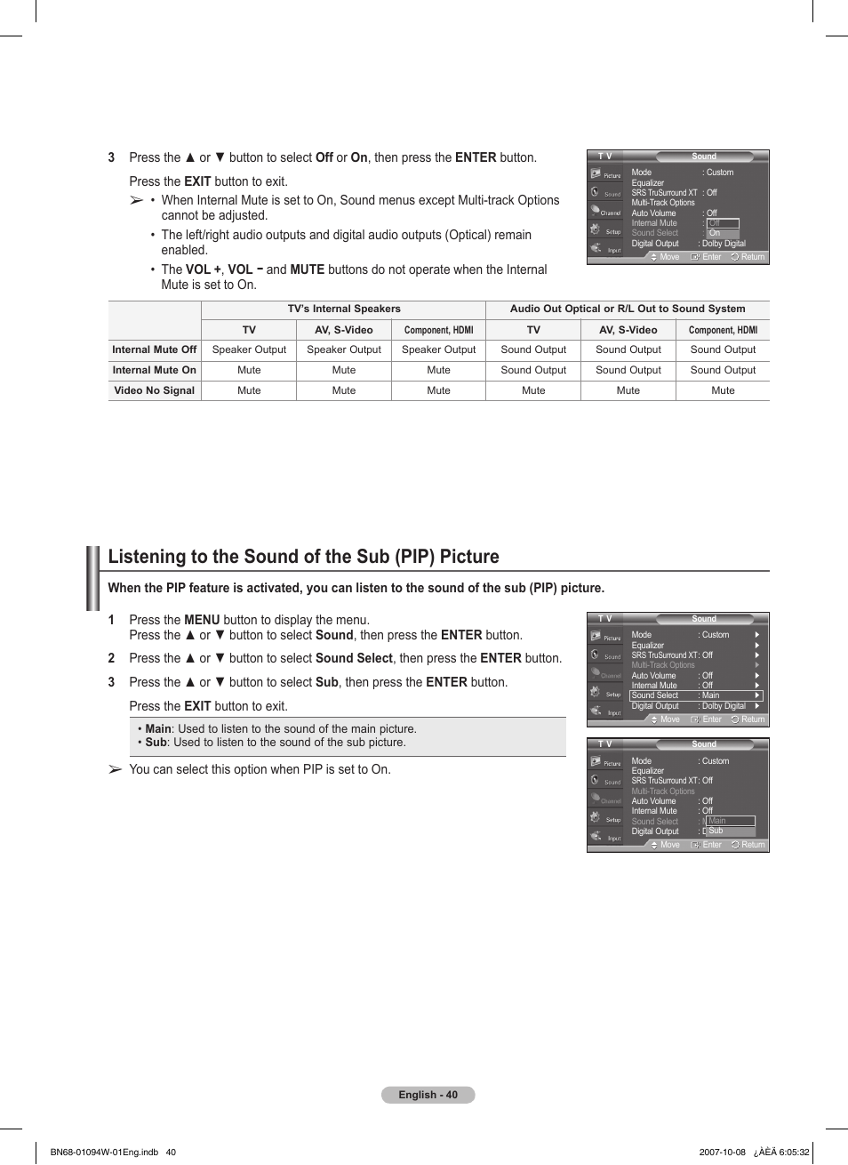 Listening to the sound of the sub (pip) picture, You can select this option when pip is set to on | Samsung FPT5894WX-XAA User Manual | Page 40 / 80