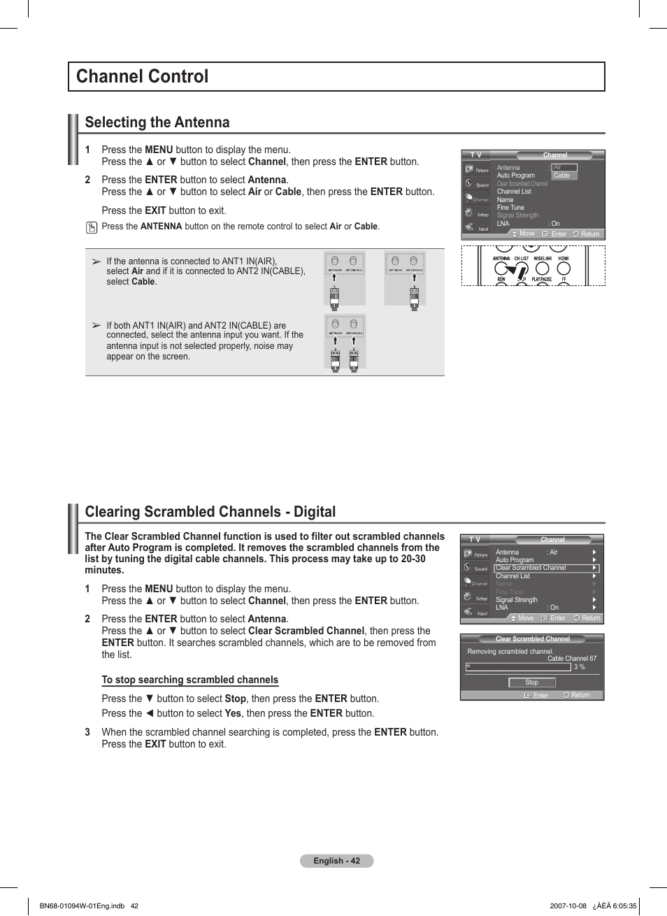 Channel control, Selecting the antenna, Clearing scrambled channels - digital | Samsung FPT5894WX-XAA User Manual | Page 42 / 80