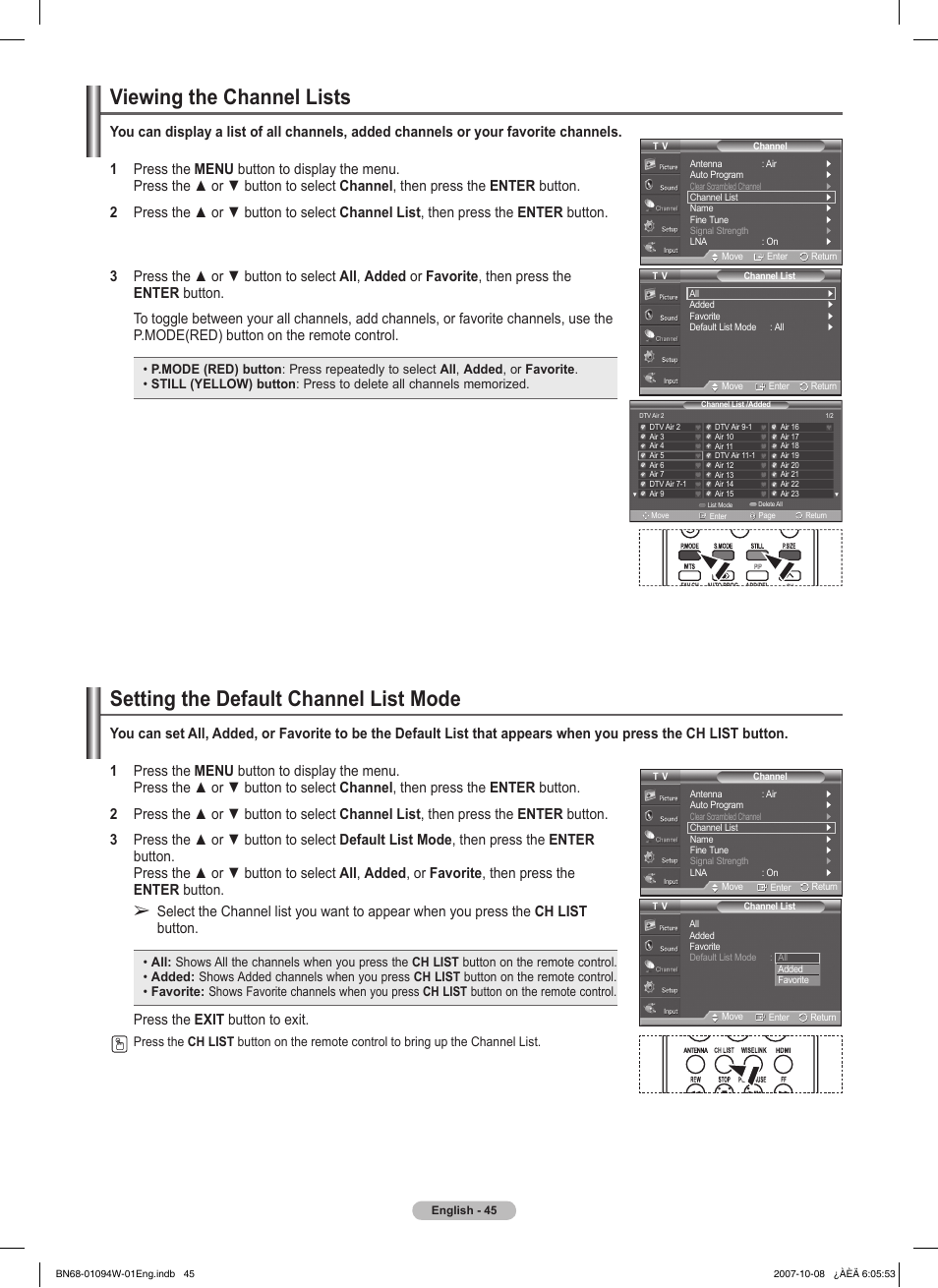 Viewing the channel lists, Setting the default channel list mode, Press the exit button to exit | Samsung FPT5894WX-XAA User Manual | Page 45 / 80