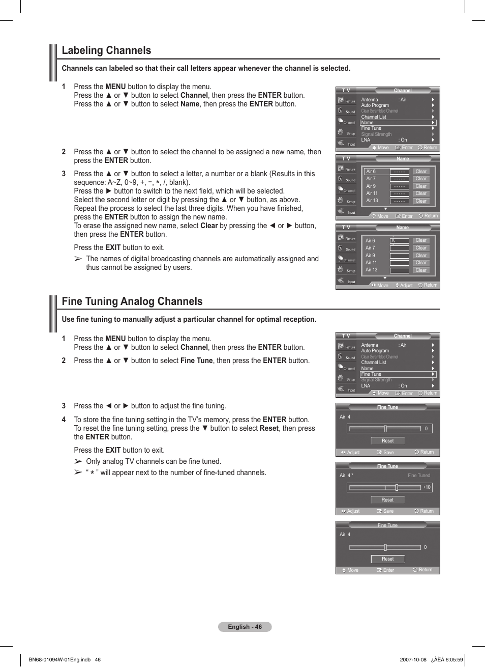 Labeling channels, Fine tuning analog channels | Samsung FPT5894WX-XAA User Manual | Page 46 / 80