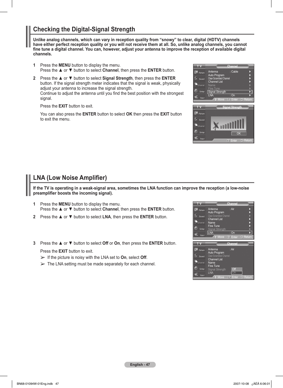 Checking the digital-signal strength, Lna (low noise amplifier) | Samsung FPT5894WX-XAA User Manual | Page 47 / 80