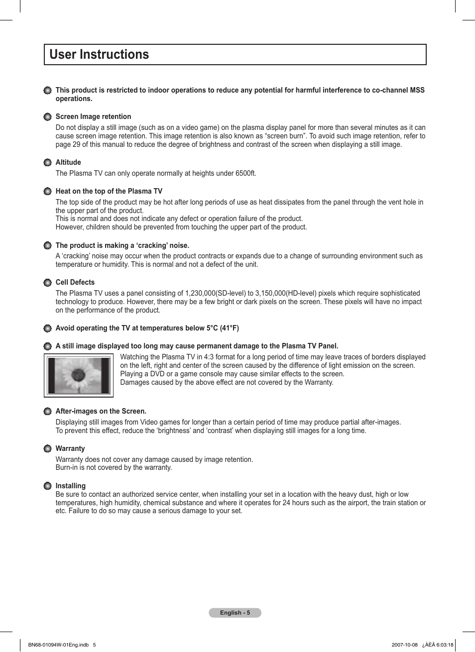 User instructions | Samsung FPT5894WX-XAA User Manual | Page 5 / 80