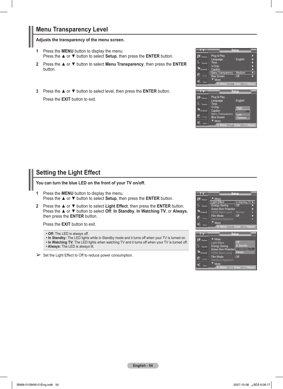 Menu transparency level, Setting the light effect | Samsung FPT5894WX-XAA User Manual | Page 54 / 80