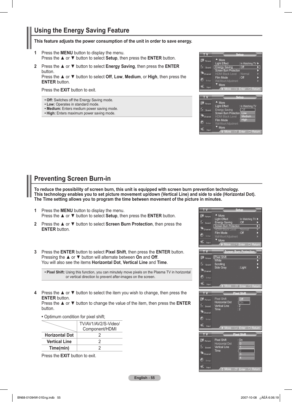 Using the energy saving feature, Preventing screen burn-in | Samsung FPT5894WX-XAA User Manual | Page 55 / 80