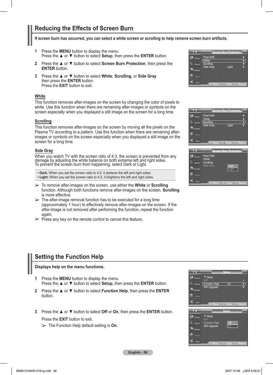 Reducing the effects of screen burn, Setting the function help | Samsung FPT5894WX-XAA User Manual | Page 56 / 80