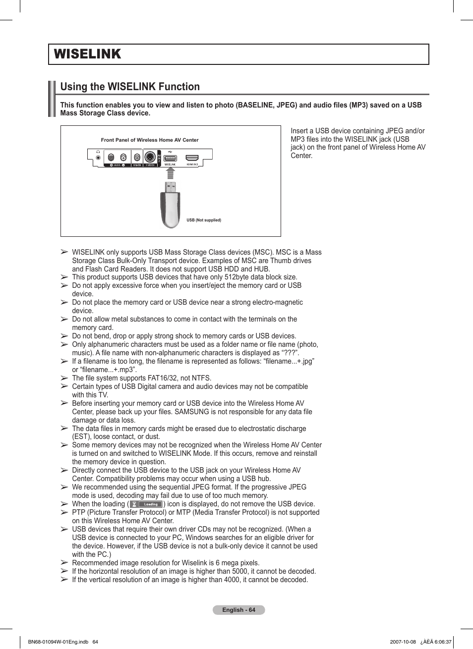 Wiselink, Using the wiselink function | Samsung FPT5894WX-XAA User Manual | Page 64 / 80