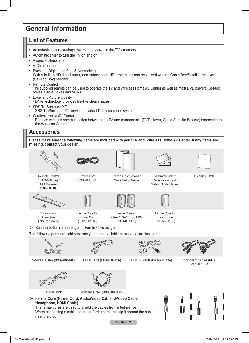 General information, List of features, Accessories | Samsung FPT5894WX-XAA User Manual | Page 7 / 80