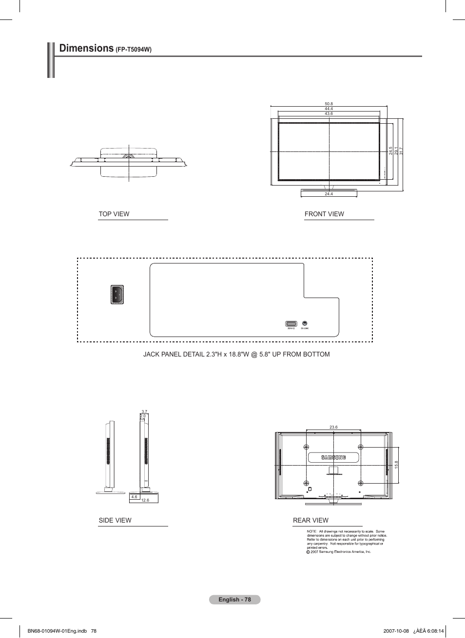 Dimensions (fp-t5094w), Dimensions | Samsung FPT5894WX-XAA User Manual | Page 78 / 80