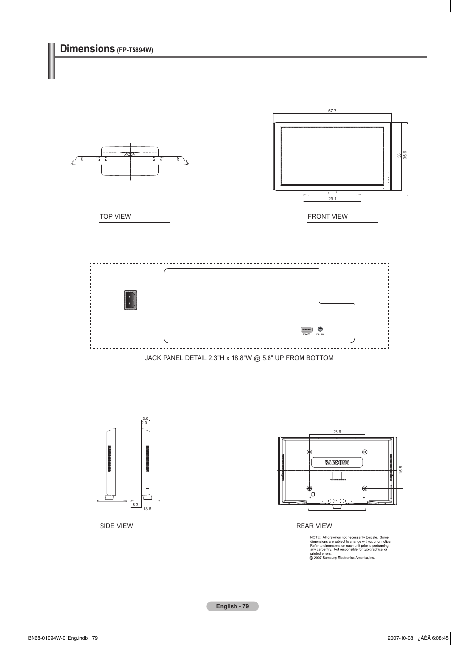 Dimensions (fp-t5894w), Dimensions | Samsung FPT5894WX-XAA User Manual | Page 79 / 80