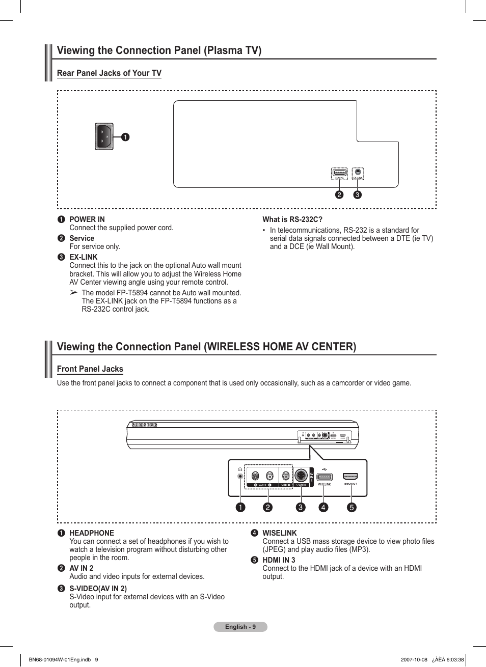 Viewing the connection panel (plasma tv) | Samsung FPT5894WX-XAA User Manual | Page 9 / 80