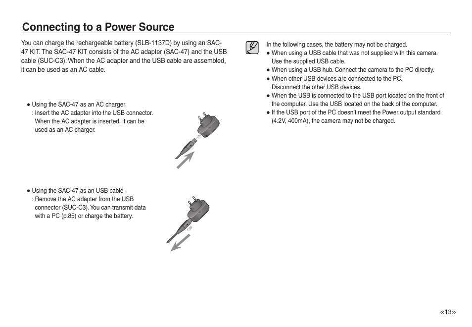 Connecting to a power source | Samsung EC-NV40ZSBA-US User Manual | Page 14 / 100