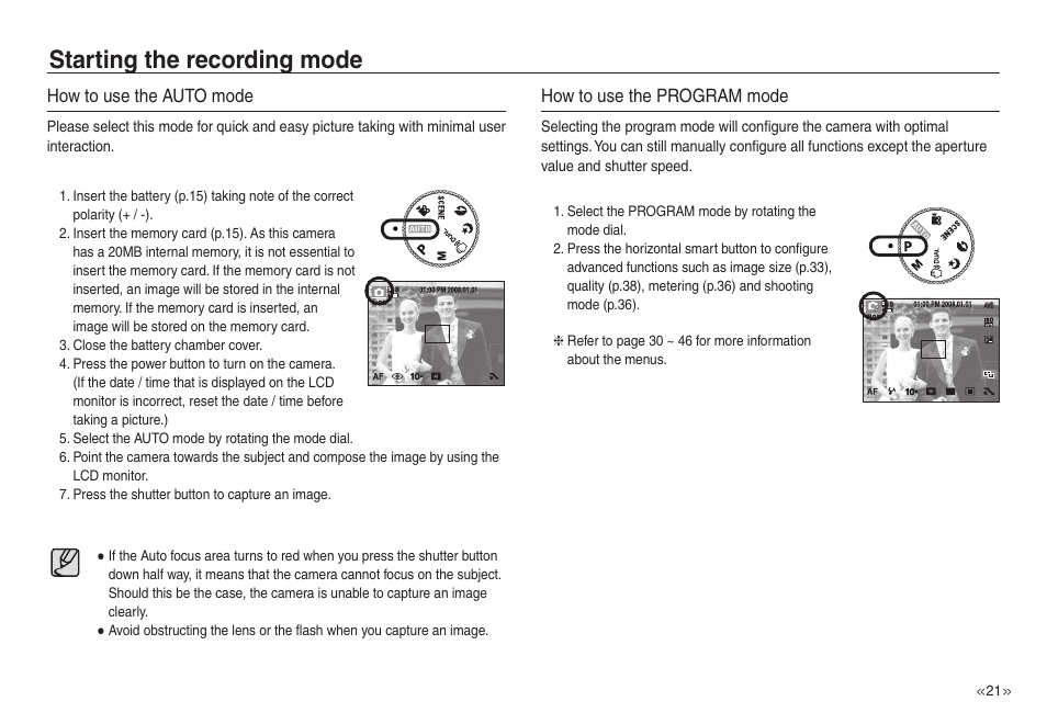Starting the recording mode | Samsung EC-NV40ZSBA-US User Manual | Page 22 / 100
