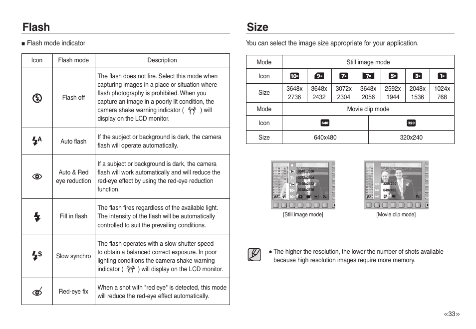 Flash size | Samsung EC-NV40ZSBA-US User Manual | Page 34 / 100