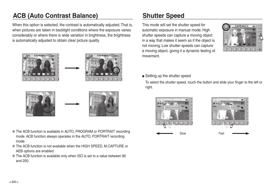 Acb (auto contrast balance) shutter speed | Samsung EC-NV40ZSBA-US User Manual | Page 45 / 100