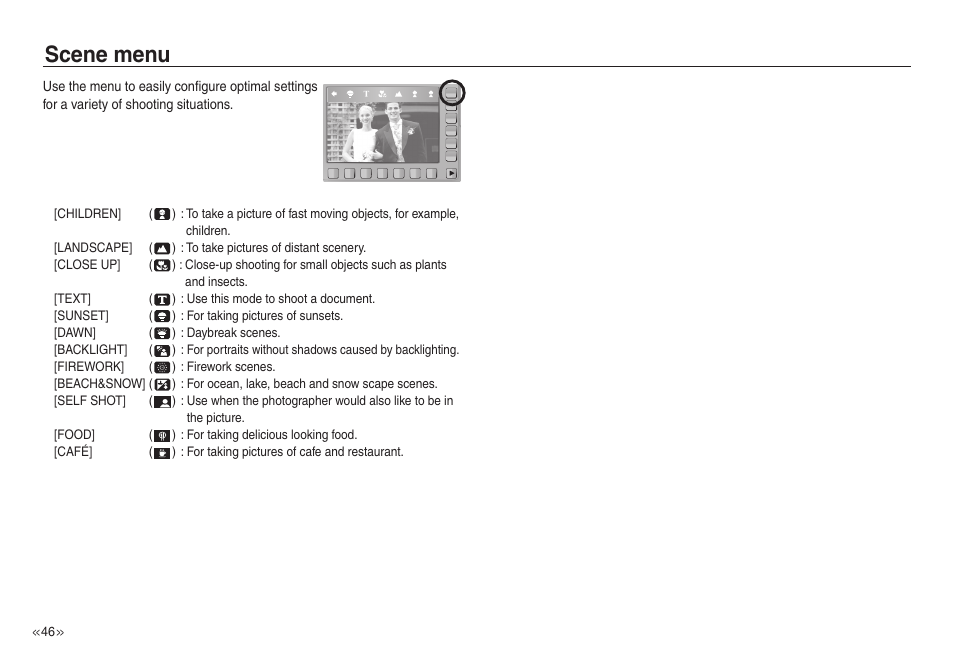 Scene menu | Samsung EC-NV40ZSBA-US User Manual | Page 47 / 100