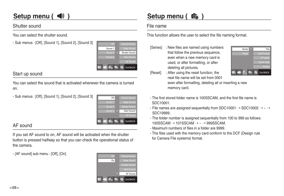 Setup menu ( ), Shutter sound, Start up sound | Af sound, File name, You can select the shutter sound | Samsung EC-NV40ZSBA-US User Manual | Page 69 / 100