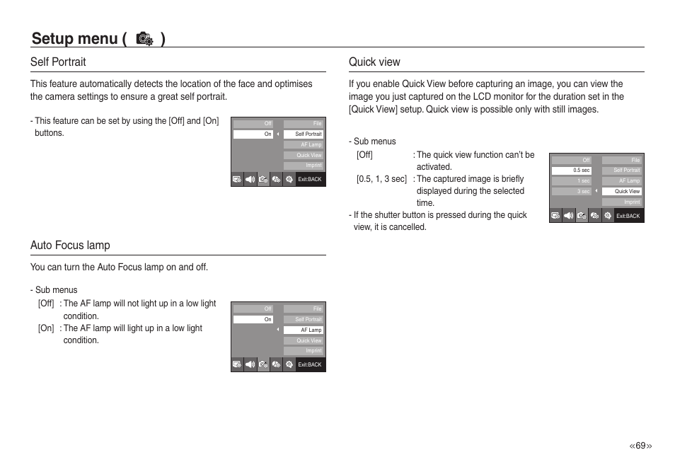 Setup menu ( ), Self portrait, Auto focus lamp | Quick view, You can turn the auto focus lamp on and off | Samsung EC-NV40ZSBA-US User Manual | Page 70 / 100