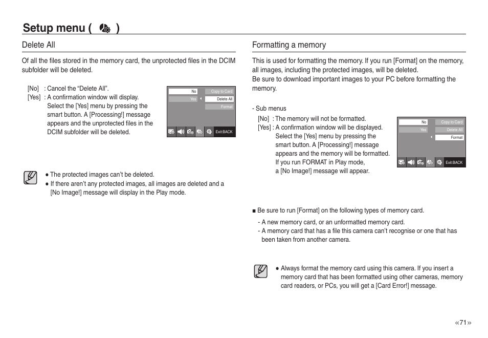 Setup menu ( ), Delete all | Samsung EC-NV40ZSBA-US User Manual | Page 72 / 100