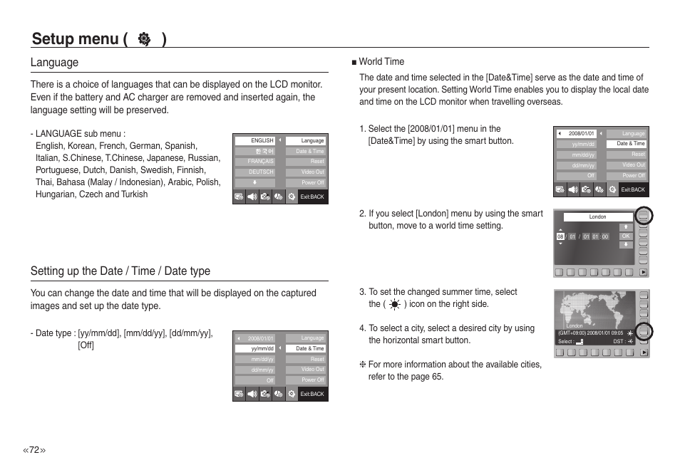 Setup menu ( ), Language, Setting up the date / time / date type | World time | Samsung EC-NV40ZSBA-US User Manual | Page 73 / 100