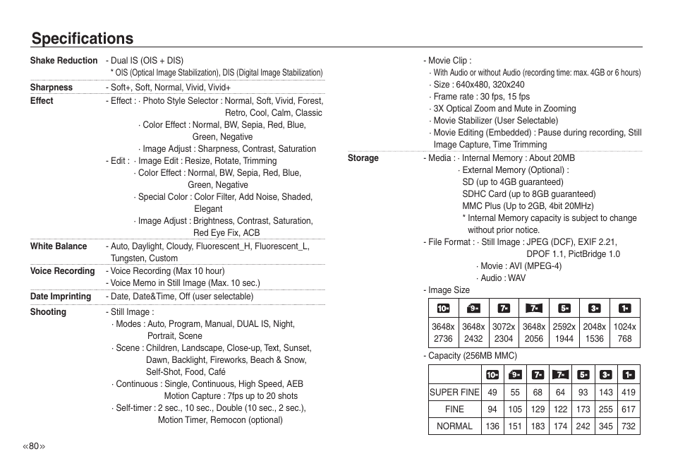 Specifications | Samsung EC-NV40ZSBA-US User Manual | Page 81 / 100
