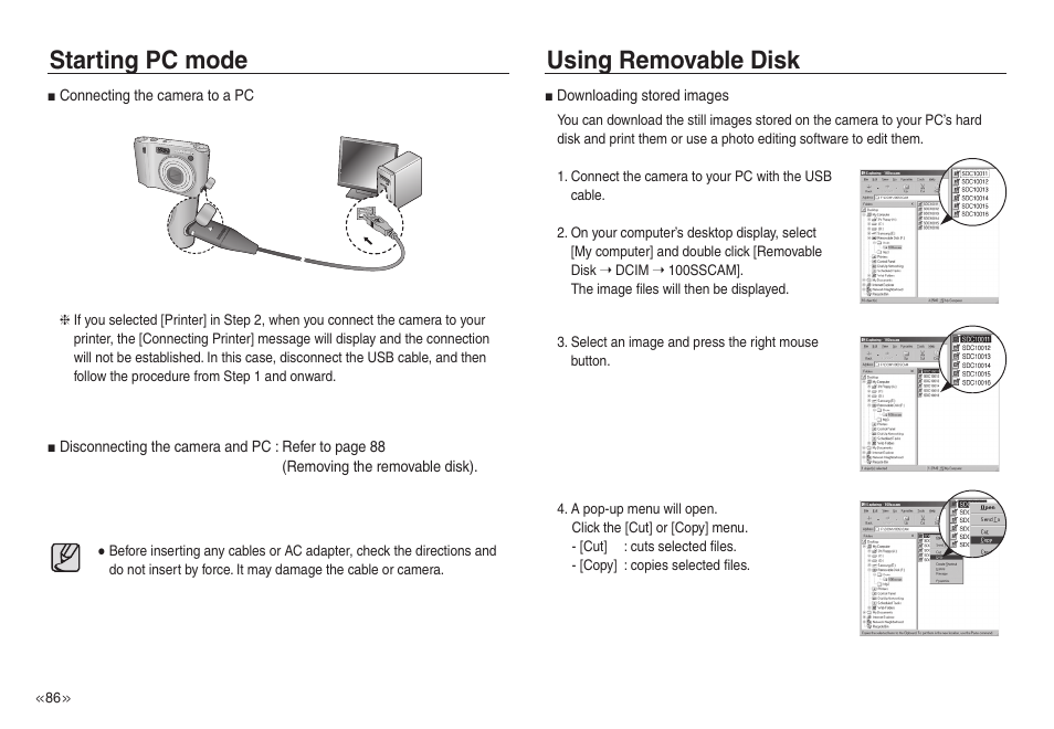 Starting pc mode using removable disk | Samsung EC-NV40ZSBA-US User Manual | Page 87 / 100