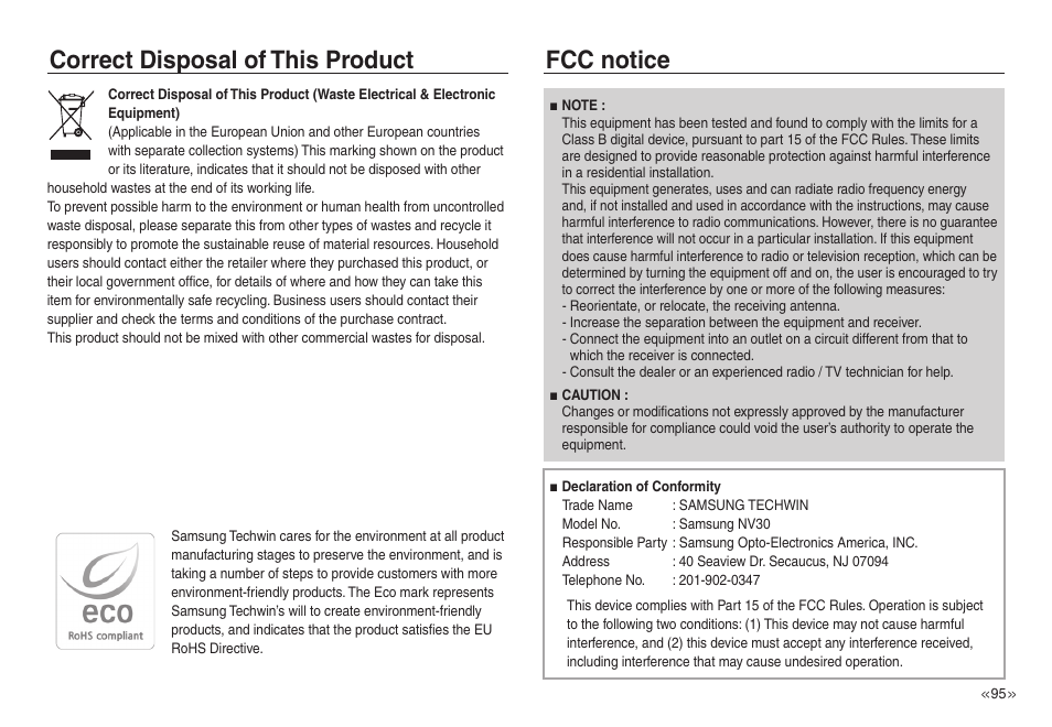 Correct disposal of this product fcc notice | Samsung EC-NV40ZSBA-US User Manual | Page 96 / 100