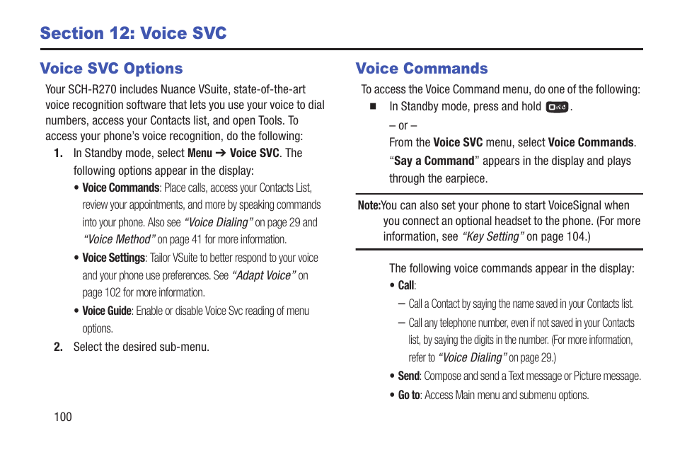 Section 12: voice svc, Voice svc options, Voice commands | Voice svc options voice commands, Cognition system. (for more | Samsung SCH-R270ZKAMTR User Manual | Page 104 / 159