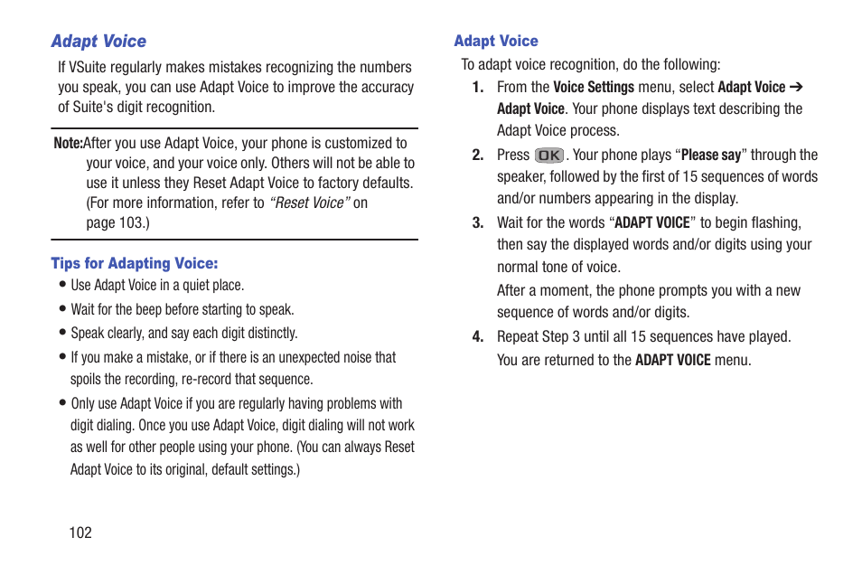 Adapt voice, Tips for adapting voice, See “adapt voice” on | Samsung SCH-R270ZKAMTR User Manual | Page 106 / 159
