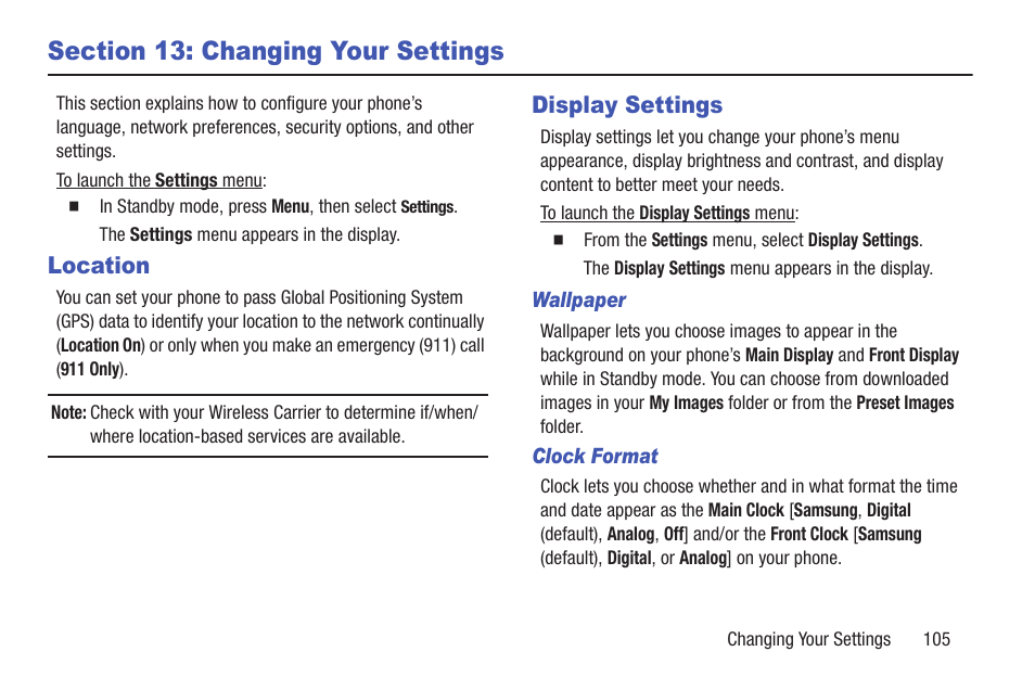 Section 13: changing your settings, Location, Display settings | Wallpaper, Clock format, Location display settings | Samsung SCH-R270ZKAMTR User Manual | Page 109 / 159
