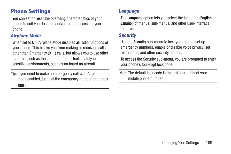 Phone settings, Airplane mode, Language | Security | Samsung SCH-R270ZKAMTR User Manual | Page 113 / 159