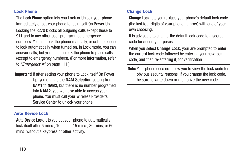 Lock phone, Auto device lock, Change lock | Samsung SCH-R270ZKAMTR User Manual | Page 114 / 159