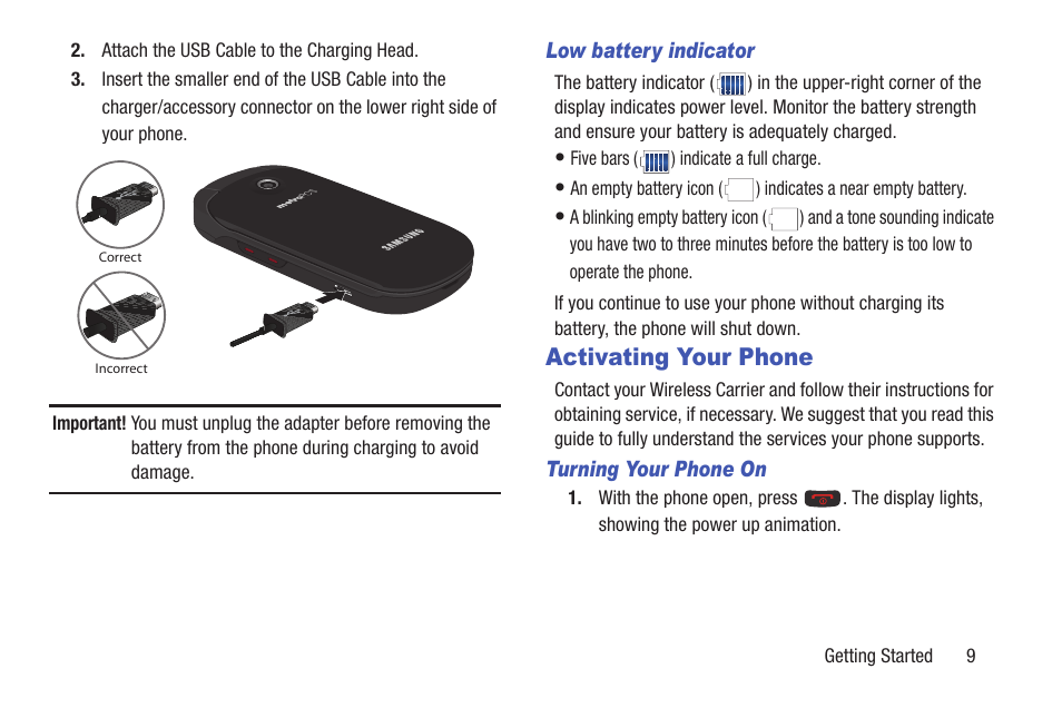 Low battery indicator, Activating your phone, Turning your phone on | Samsung SCH-R270ZKAMTR User Manual | Page 13 / 159