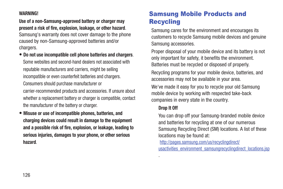 Samsung mobile products and recycling | Samsung SCH-R270ZKAMTR User Manual | Page 130 / 159