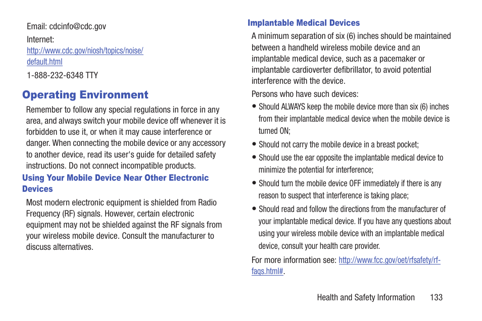 Operating environment, Implantable medical devices | Samsung SCH-R270ZKAMTR User Manual | Page 137 / 159