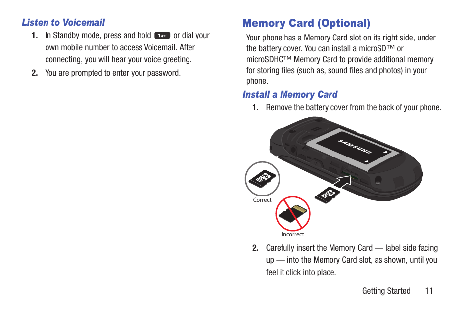 Listen to voicemail, Memory card (optional), Install a memory card | Samsung SCH-R270ZKAMTR User Manual | Page 15 / 159
