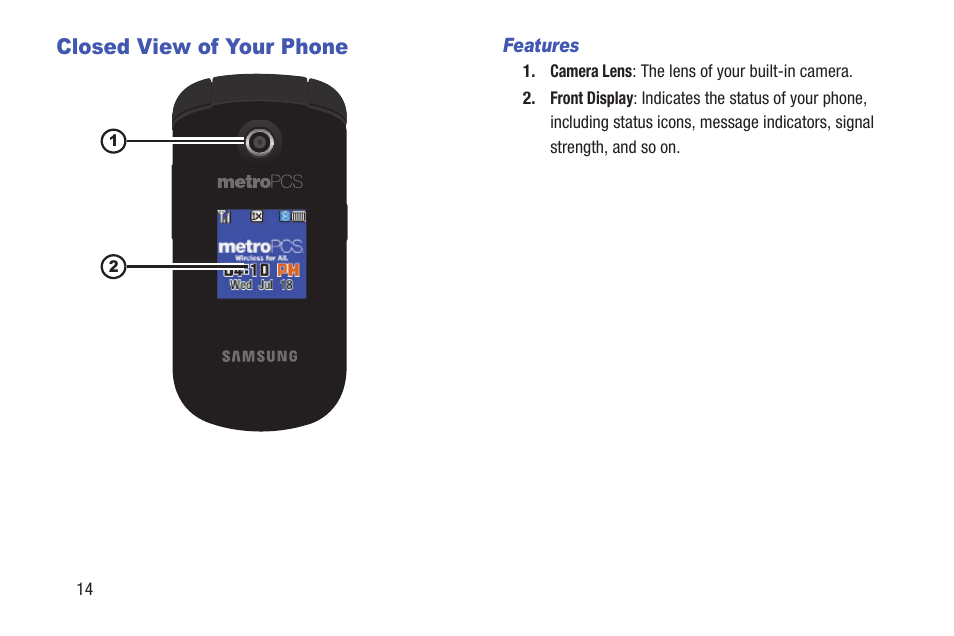 Closed view of your phone, Features | Samsung SCH-R270ZKAMTR User Manual | Page 18 / 159