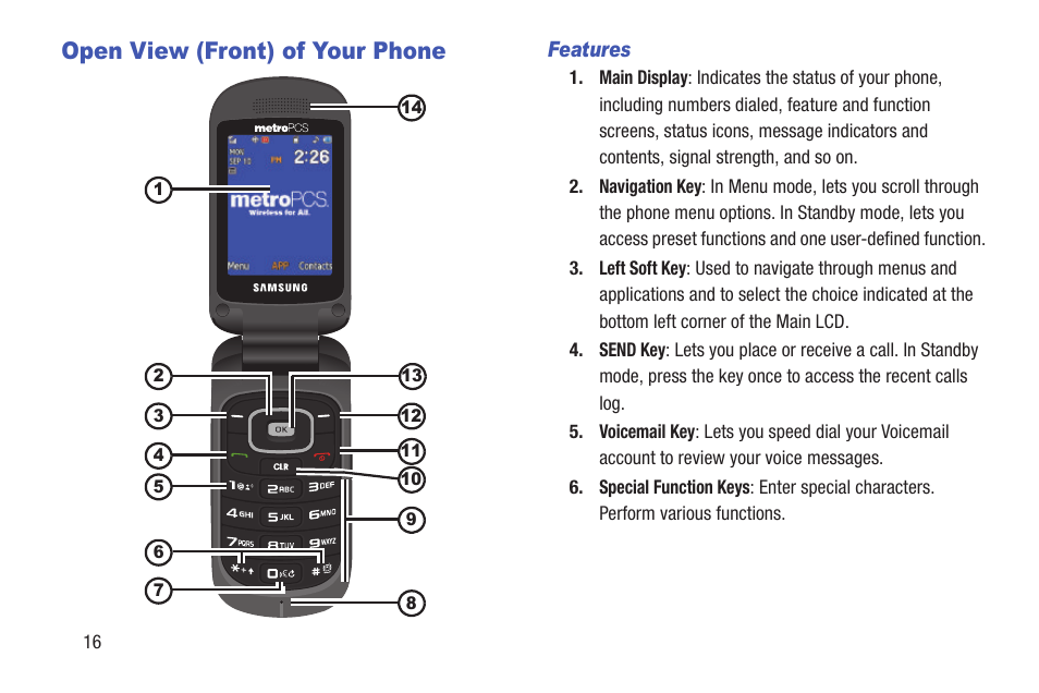 Open view (front) of your phone, Features | Samsung SCH-R270ZKAMTR User Manual | Page 20 / 159