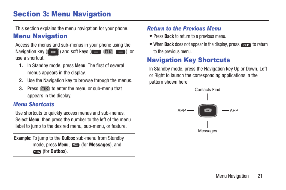 Section 3: menu navigation, Menu navigation, Menu shortcuts | Return to the previous menu, Navigation key shortcuts, Menu navigation navigation key shortcuts | Samsung SCH-R270ZKAMTR User Manual | Page 25 / 159