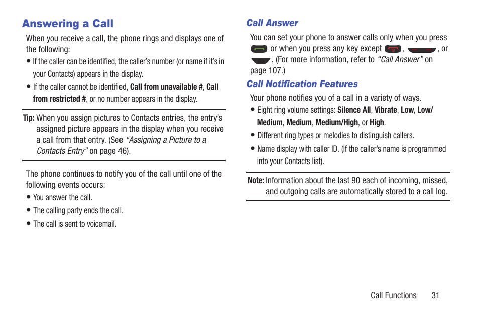Answering a call, Call answer, Call notification features | Samsung SCH-R270ZKAMTR User Manual | Page 35 / 159